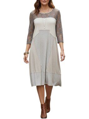Sundance Lace Jersey Midi Dress Gray Size Large NWOT 3/4 Sleeve Casual Cotton